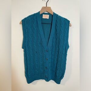Vintage Pendleton Teal Cable Knit Sleeveless Sweater Vest Size Small Virgin Wool